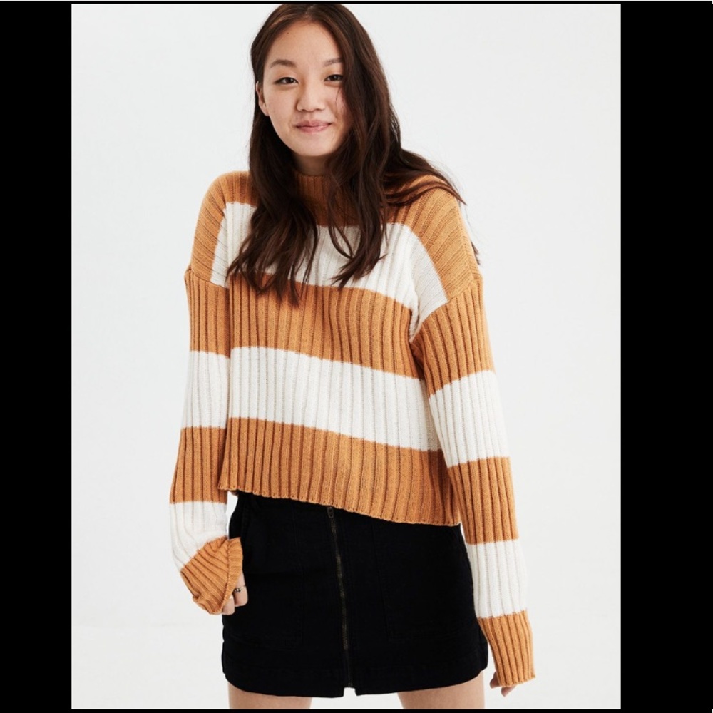 American Eagle Mustard Rugby Striped Sweater